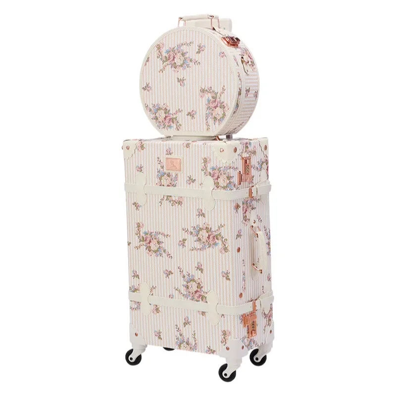 valise de cabine à imprimé floral de créateur-bagage spinner en cuir pu avec étui à cosmétiques, valise trolley rétro pour voyage pour femmes