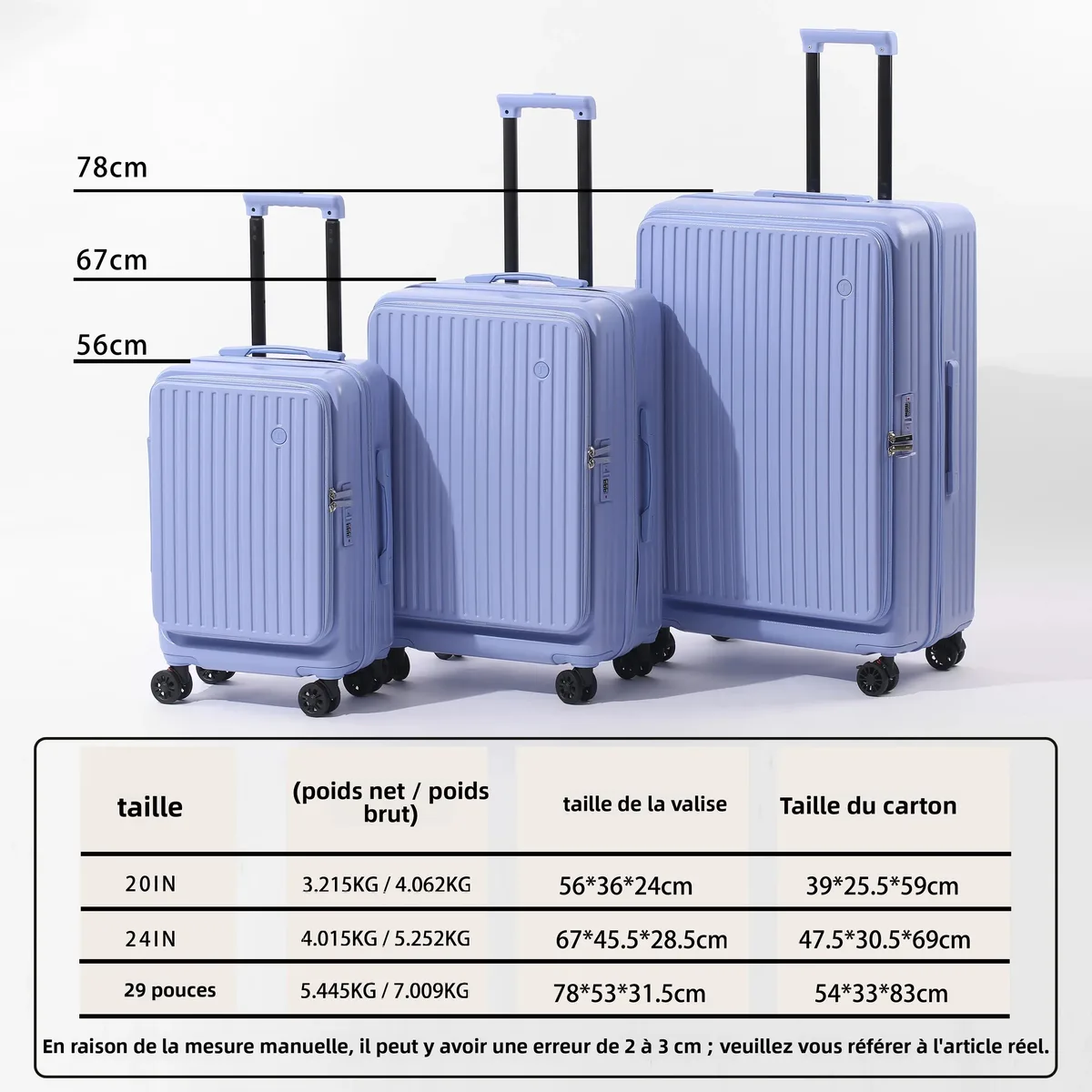 valise multifonctionnelle extensible à ouverture frontale avec porte-gobelet, crochet, frein, roues silencieuses et serrure à combinaison