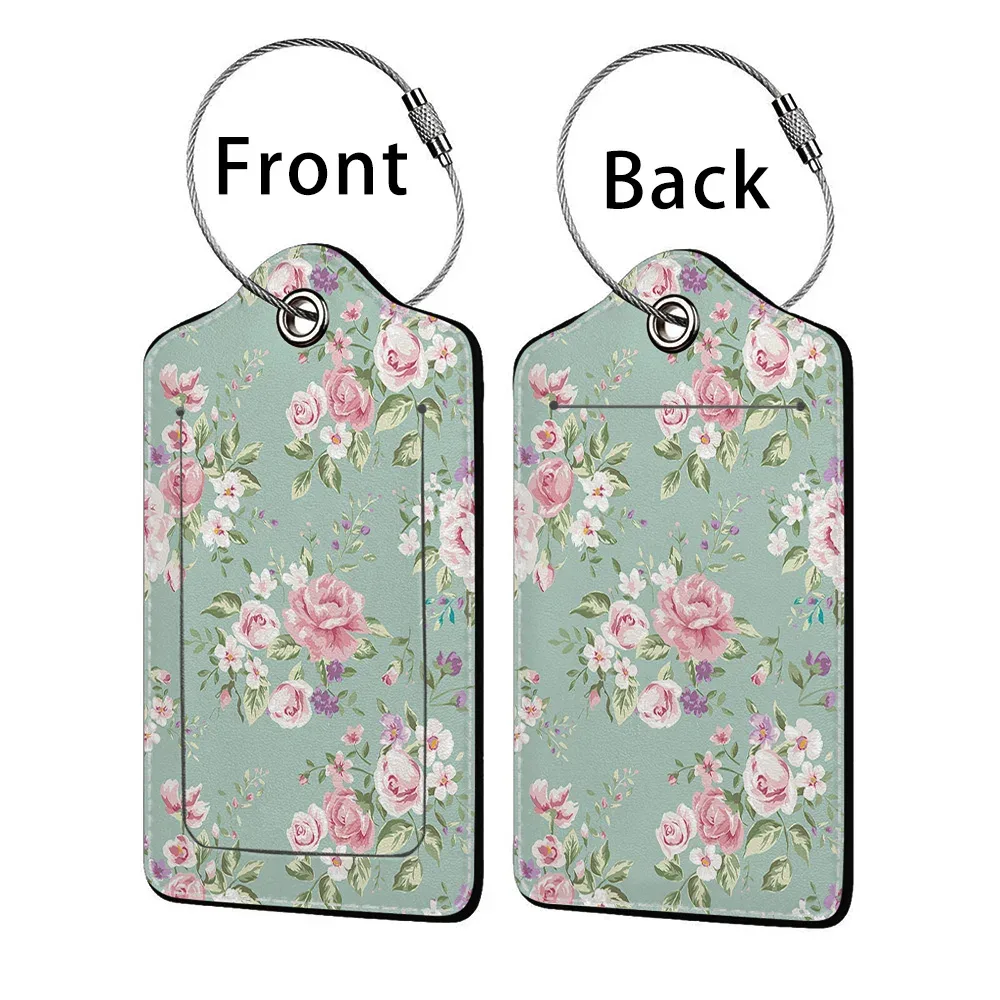 étiquette de bagage d'affaires en cuir imprimé de belles fleurs, étiquette d'adresse de valise, étui d'embarquement de bagages, clip d'adresse d'identification de nom