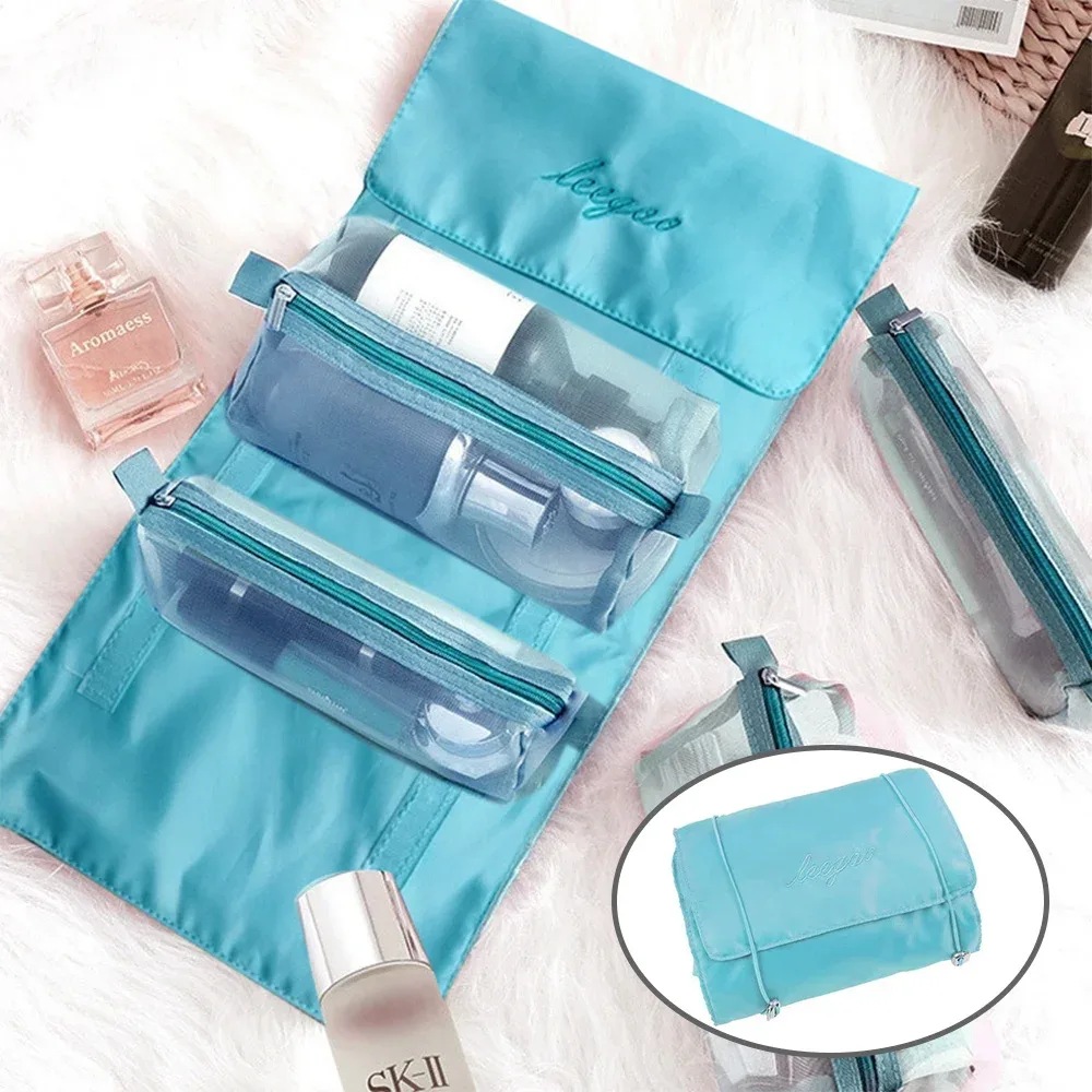 trousse à cosmétiques en maille 4 en 1, trousse de maquillage pliable, trousse de maquillage portable, trousse de toilette de voyage, trousse de rangement pour rouge à lèvres, poudres, évaluation, nouveau