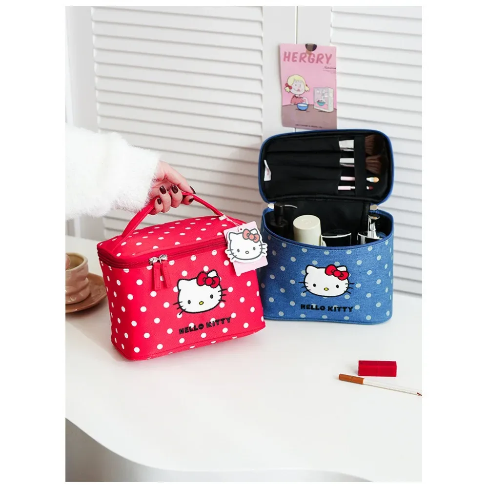 sac de voyage portable hello kitty mignon, trousse de maquillage à pois chat, boîte de rangement cosmétique à compartiments de grande capacité