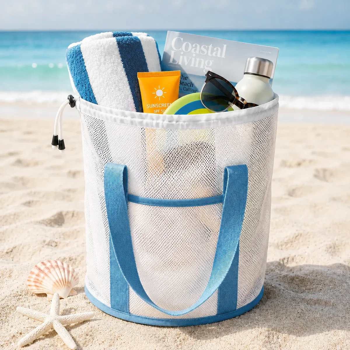sac de toilette, sac de plage en filet, sac de rangement en filet grande capacité pour la douche en été, sac de rangement portable en filet pour la douche