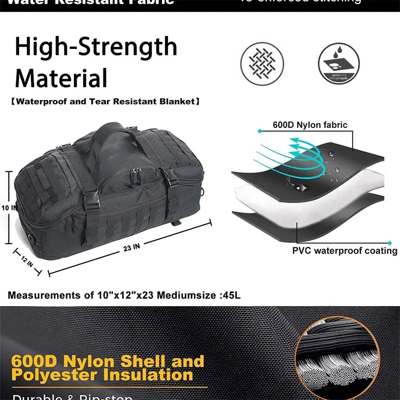 sac de voyage tactique imperméable noir camouflage grande capacité avec sangles molle pour la randonnée et le camping