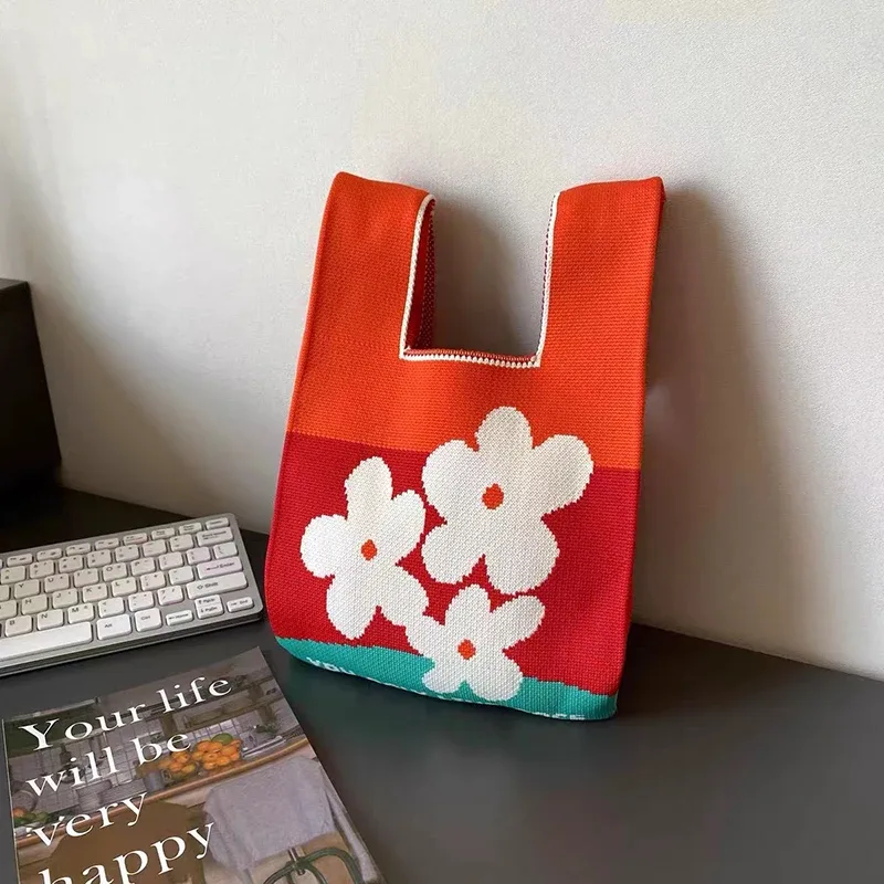 sac à main en tricot fait à la main pour femme, mini sac de poignet à nœud, sac fourre-tout à carreaux à large rayure, sacs à provisions réutilisables pour étudiants, document décontracté japonais