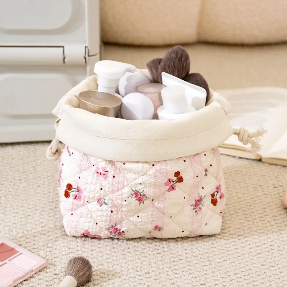 sac à cosmétiques en coton matelassé doux, sac de rangement pour bijoux à cordon, sac de rangement pour rouge à lèvres, sac à maquillage esthétique à fleurs douces, sac de voyage