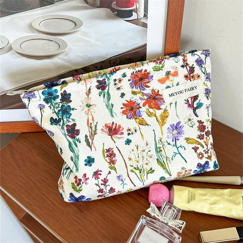 nouvelle trousse de toilette florale de style français, grande trousse de toilette en toile, organiseur de maquillage portable pour les voyages et l'usage quotidien