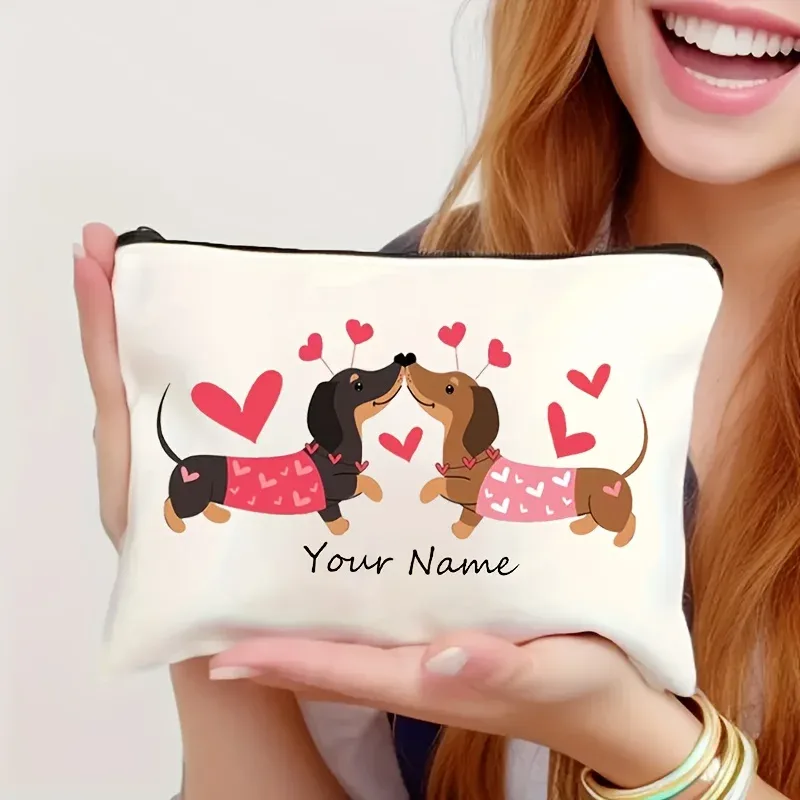 pochette zippée en toile avec citation « bonne nuit » et motif teckel rayé, sac à cosmétiques mignon avec imprimé chien de dessin animé pour les amoureux des chiens, trousse de toilette de voyage