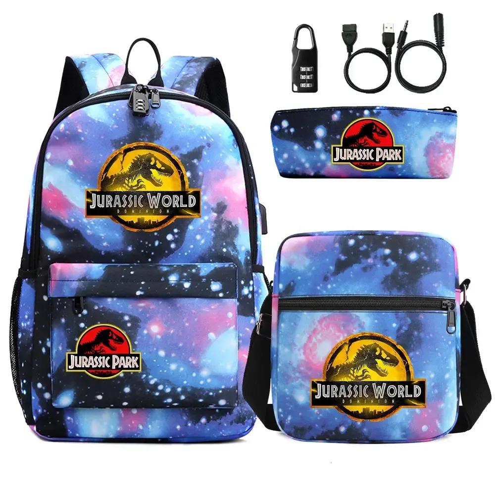 dinosaure jurassic park world 3 pièces usb antivol serrure garçon fille enfants école livre sacs voyage sac à dos sac à bandoulière stylo sac