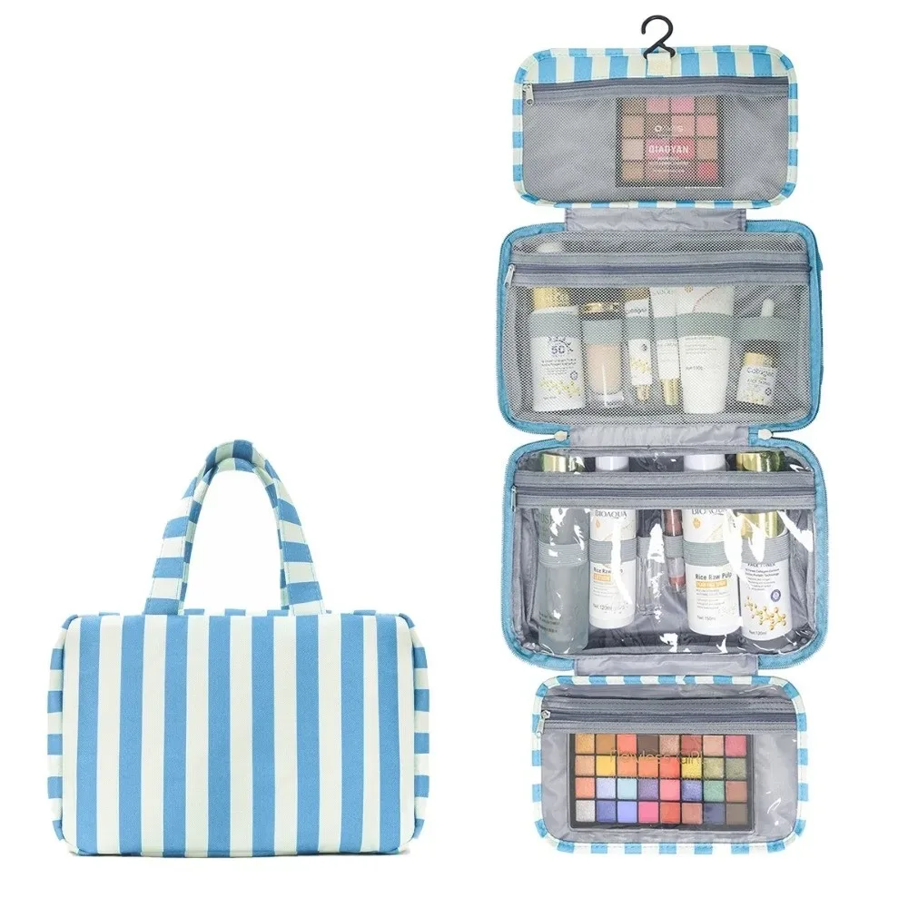 sac de toilette de voyage portable suspendu, pliable en 4, avec crochet, organisateur de cosmétiques, grande capacité, sac de cosmétiques rayé, pour l'extérieur