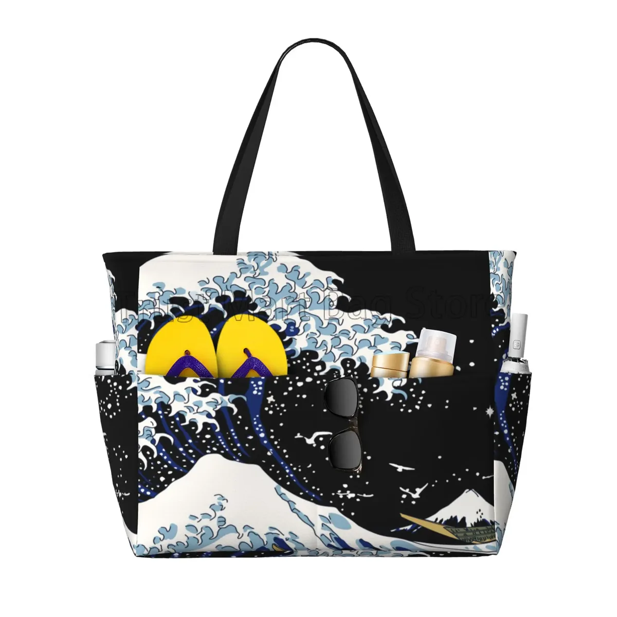 sac de voyage de plage de grande capacité, vagues de mer japonaises, fourre-tout pliable pour femmes, sacs de piscine pour voyage, vacances, salle de sport, natation