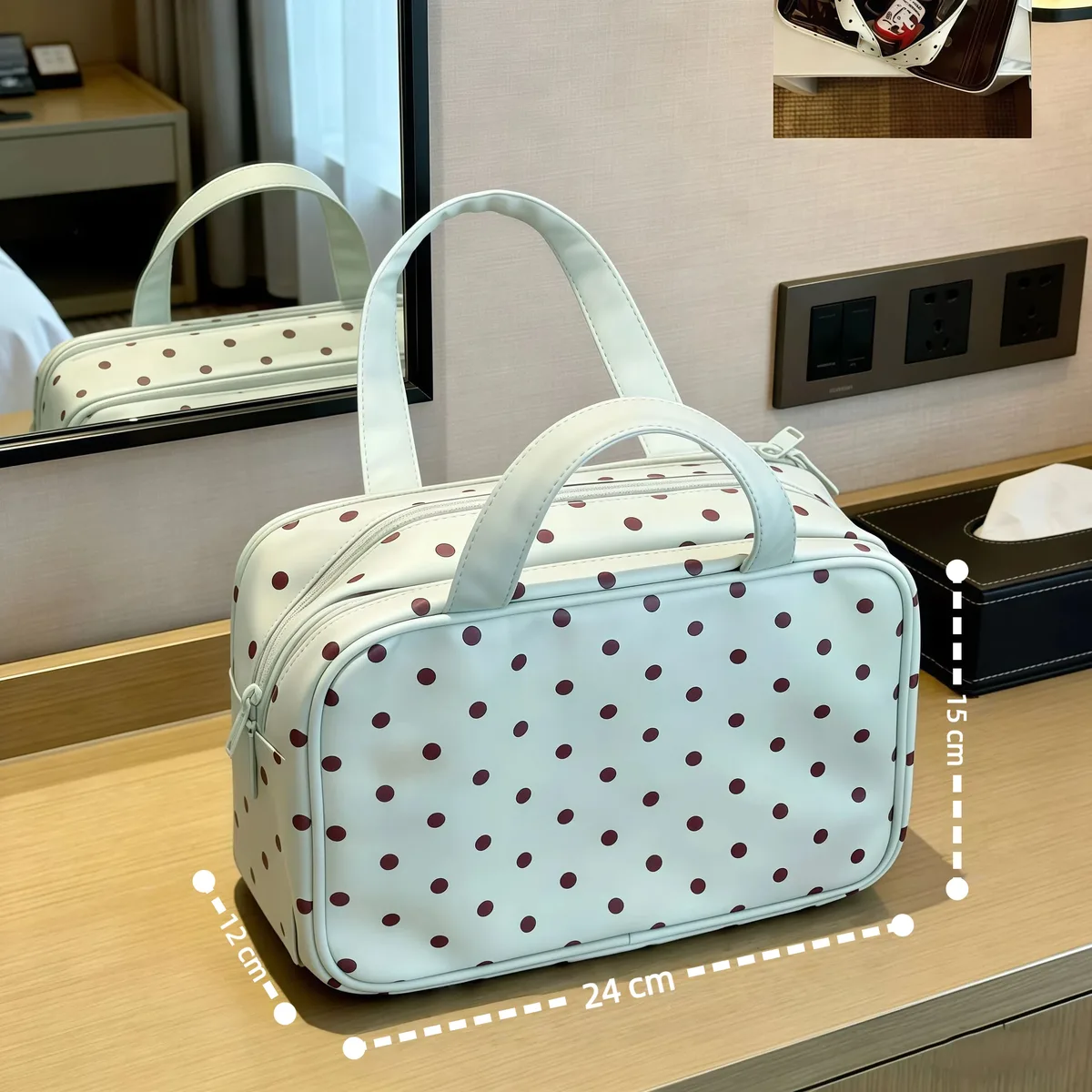 sac de toilette coréen style ins à pois, imperméable, grande capacité, portable, pour le rangement des produits de soin et de maquillage