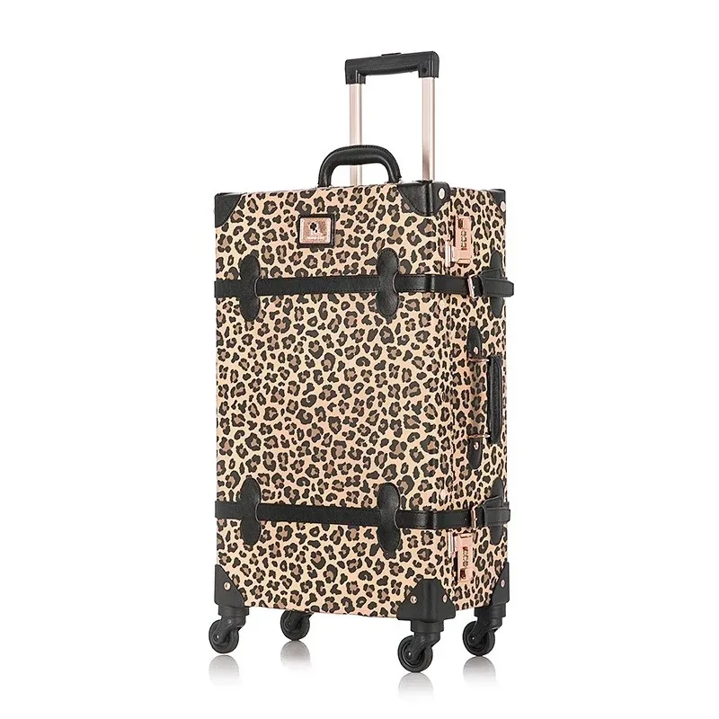 valise à roulettes en cuir imprimé léopard pour femmes, bagage rétro tendance, coffret d'embarquement de 20 po
