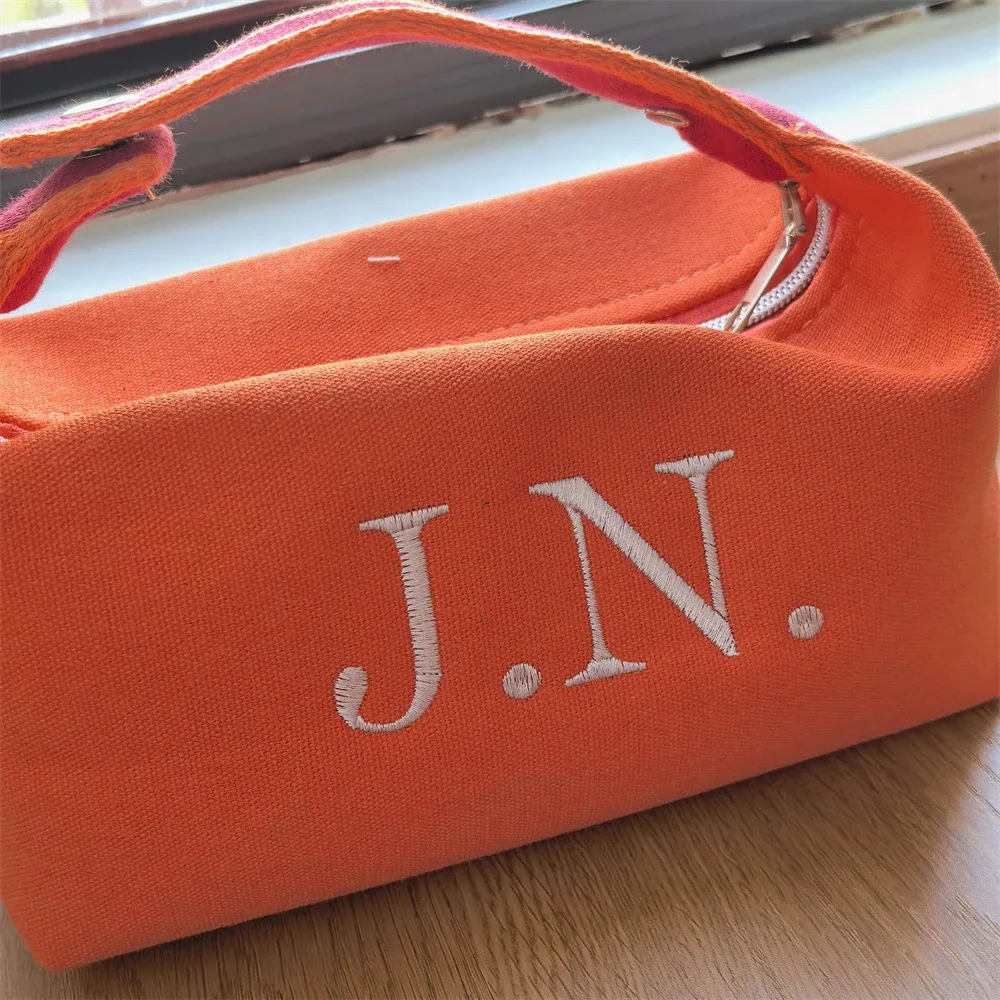 sac en toile à main pour femme, trousse de maquillage portable personnalisable avec nom, sac de rangement de voyage brodé avec nom, cadeau pour fille