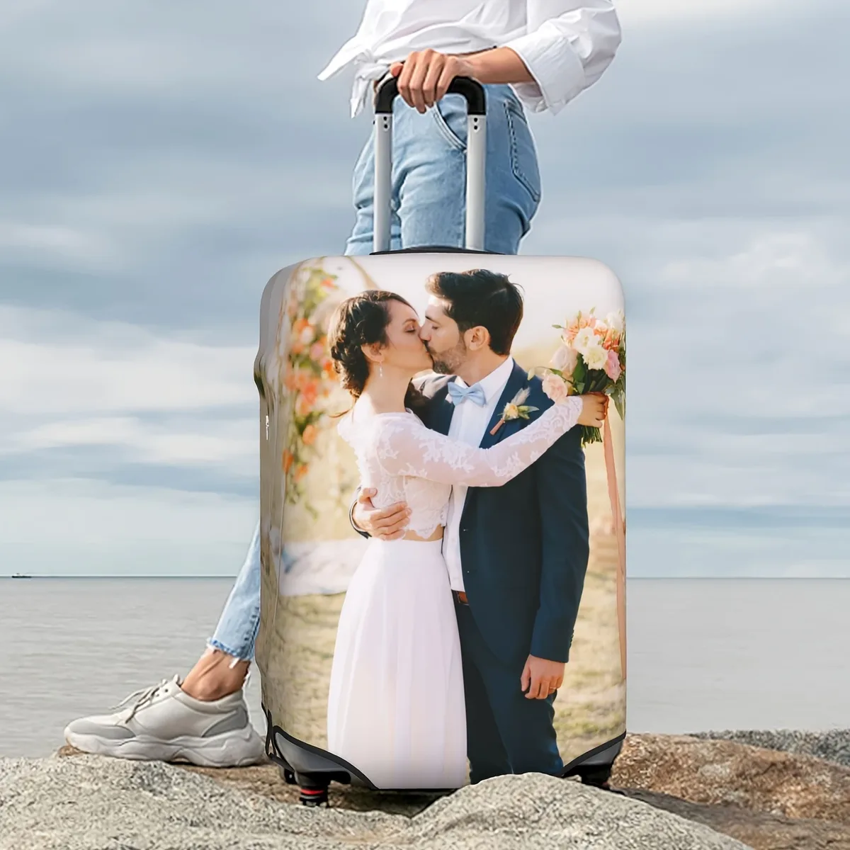 valise personnalisable avec photo et texte personnalisés, impression recto-verso, polyester élastique, protection de valise lavable