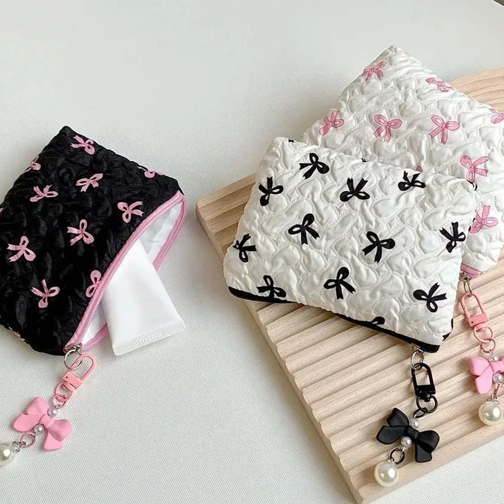 mini trousse de maquillage bow pour femme, sac de toilette de voyage, jolie pochette à monnaie, étui léger pour rouge à lèvres, sac de rangement gaufré