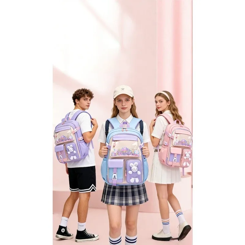 sac à dos scolaire en tissu oxford, polyester imperméable, mignon, à motif de dessin animé, pour filles, protection de la colonne vertébrale, sac à dos quotidien pour le campus et les trajets