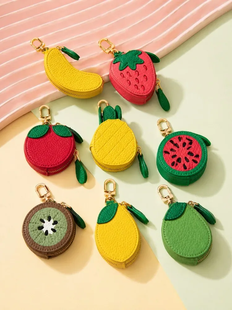 Porte-clés en cuir motif fruit mignon, mini porte-monnaie à fermeture éclair pour sac à dos, breloque pour femme et fille, accessoires de vacances d'été à la plage, cadeaux