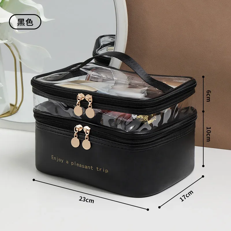 nouveau sac de maquillage double couche en pvc, trousse de toilette à main de grande capacité, sacs de toilette de voyage portables multifonctionnels en vente