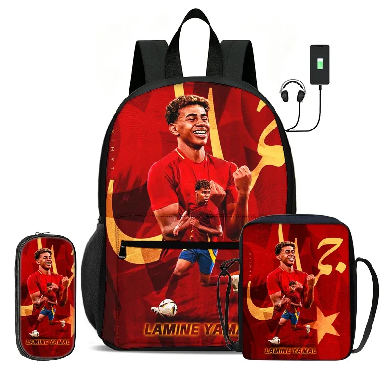 Sac à dos scolaire pour enfant, sac à dos de sport de football avec sac à bandoulière, trousse à crayons, ensemble de 3 sacs L-Lamin Yamal, sac à dos de star du football