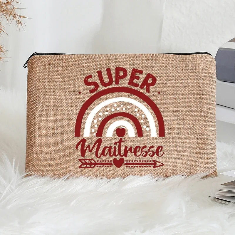 super atsem maitresse – trousse de toilette en lin, fermeture éclair, fournitures de bureau, trousse à crayons, portefeuille, sacs de maquillage polyvalents, cadeau pour les enseignants