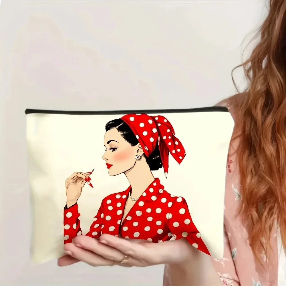 un sac de maquillage rétro à pois pour fille – jolie pochette multifonctionnelle à fermeture éclair pour femmes, sac de rangement de bijoux