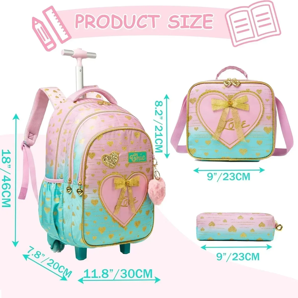 sacs d'école à roulettes pour filles, 3 pièces, sac à dos étanche pour enfants avec roulettes, chariot d'école primaire, sac de livre à bagages