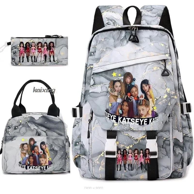 nouveaux sacs à dos katseye à imprimé amusant, 3 pièces/ensemble, sac d'école pour étudiants, sac de voyage pour adolescents, filles et garçons, sacs à lunch, sac à dos