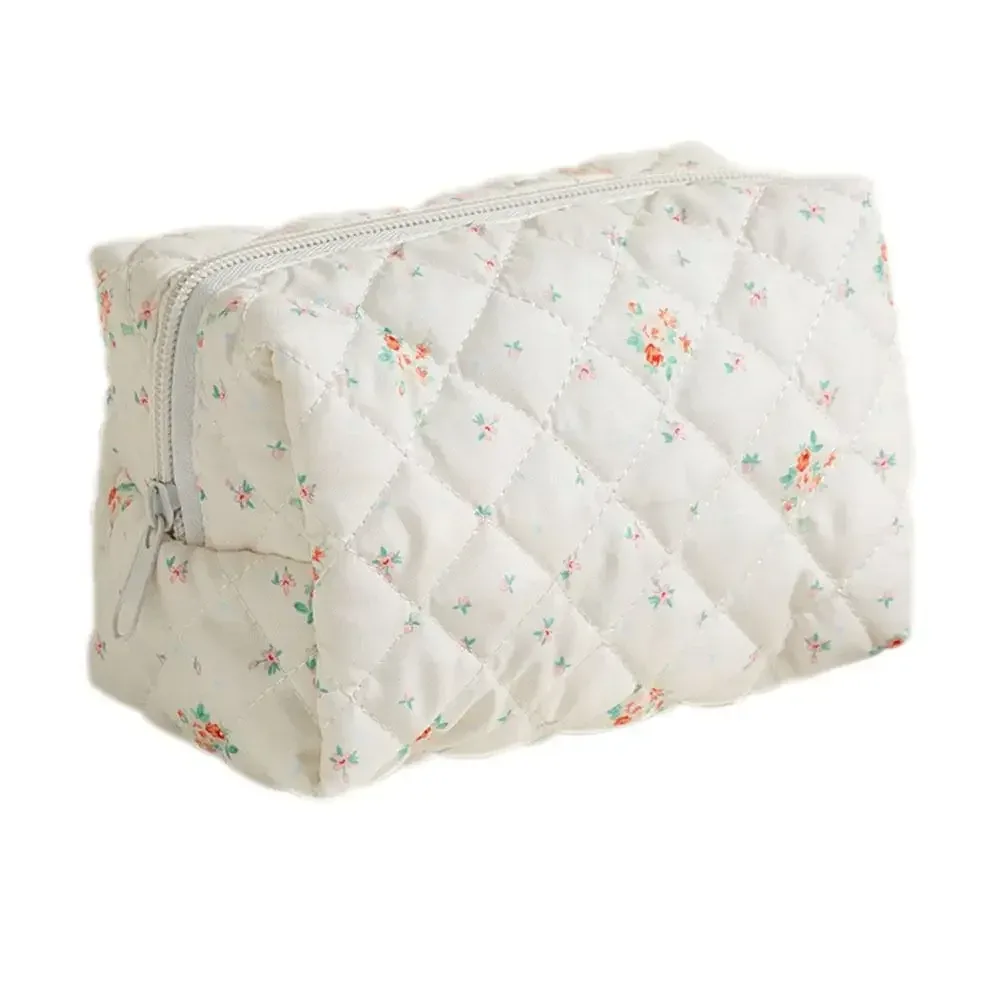 trousse de maquillage en coton matelassé, trousse de toilette portable à carreaux avec fermeture éclair, grande capacité, poudres de soin de la peau, voyage