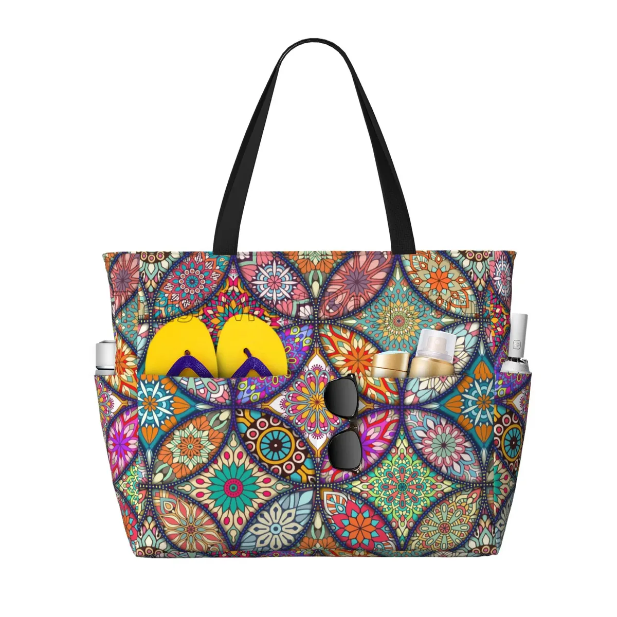 fourre-tout ethnique à fleurs de mandala pour femme, sac de plage, sac de piscine, extra large, sac de sport, sac de transport pour week-end, voyage, étanche