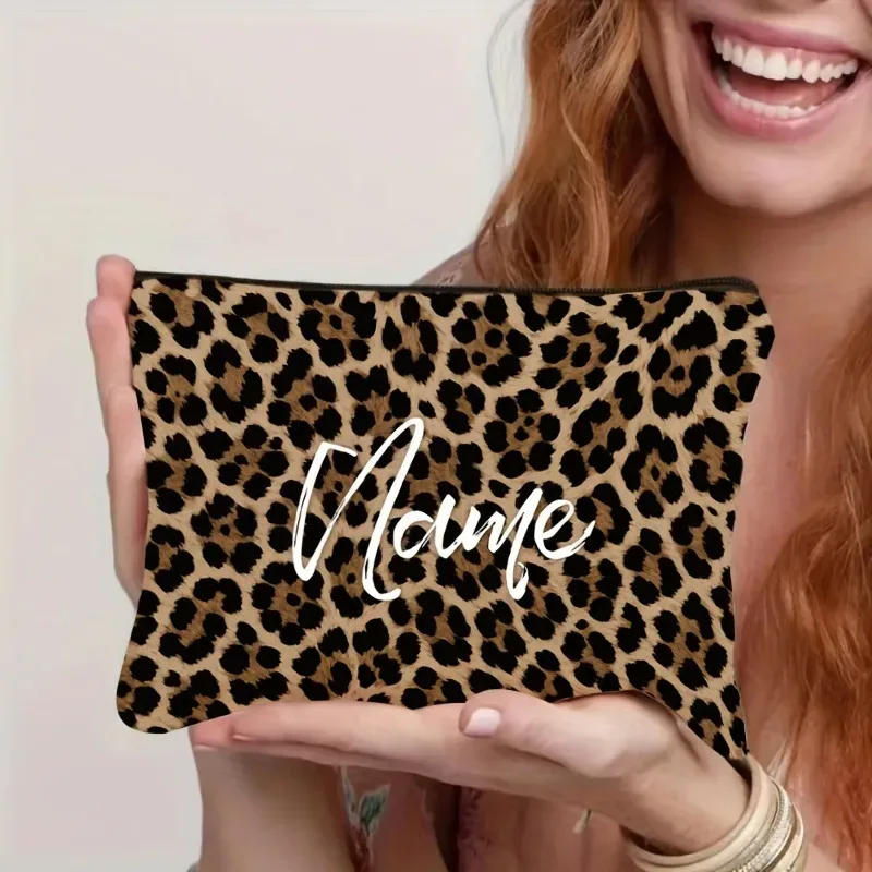 pochette de maquillage élégante à imprimé léopard avec fermeture éclair, sac personnalisé avec nom, cadeau pour l'amour et les fêtes, trousse de toilette de voyage