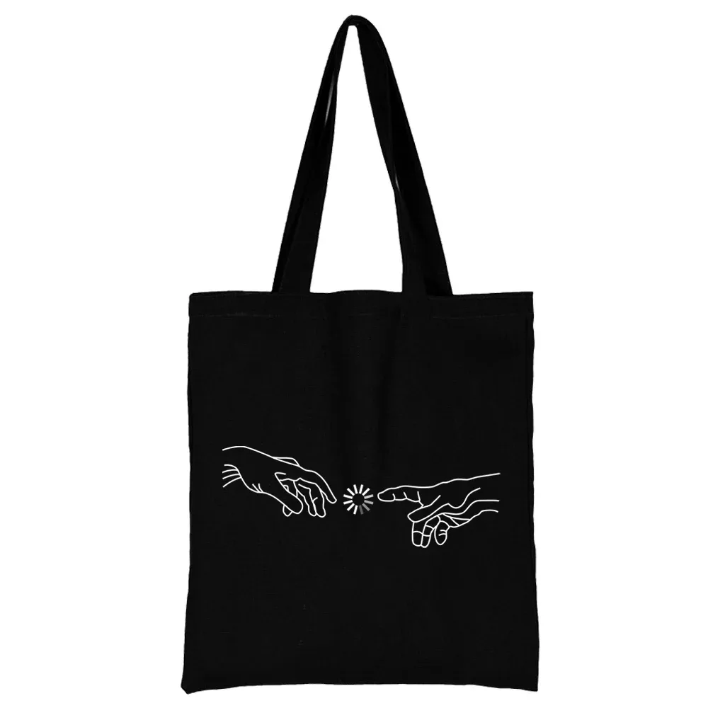 sac de shopping en toile noire pour femmes, fourre-tout décontracté réutilisable, sac à bandoulière à motif blanc imprimé, sac à main pliable de grande capacité