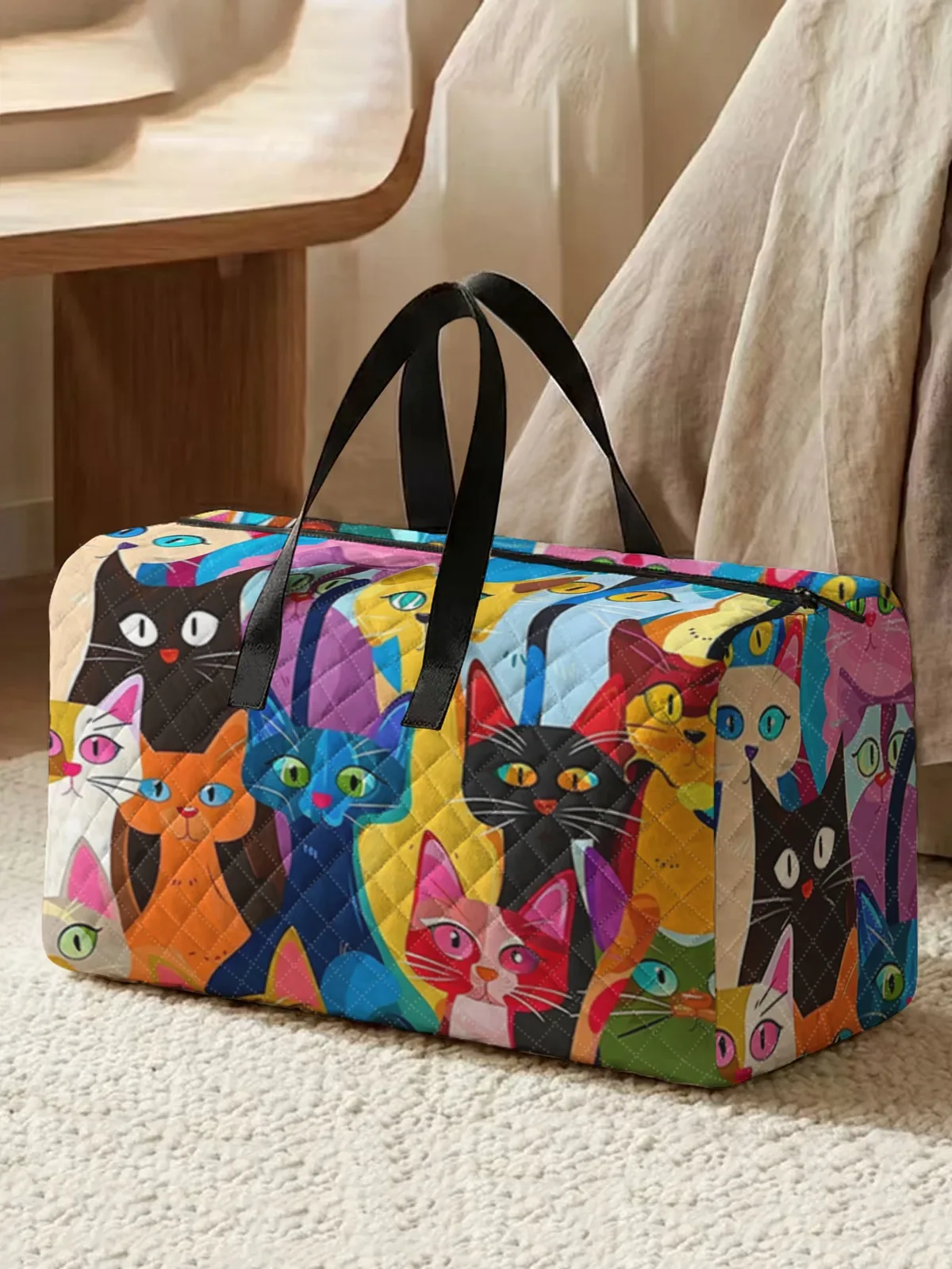 Sac de sport imprimé chat de dessin animé coloré et mignon, 2 styles, sac à main portable adapté aux voyages de week-end, aux sports et aux courses, 1 pièce