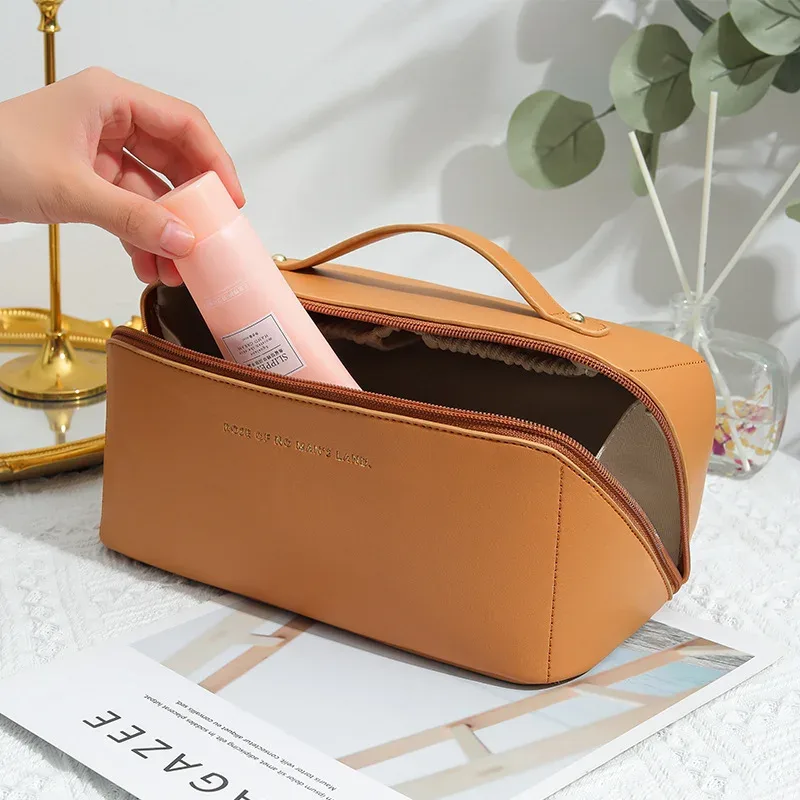 trousse de maquillage de voyage, sacs de rangement de cosmétiques de grande capacité pour femmes, trousses de toilette imperméables en cuir pu, maquillage plat à large ouverture
