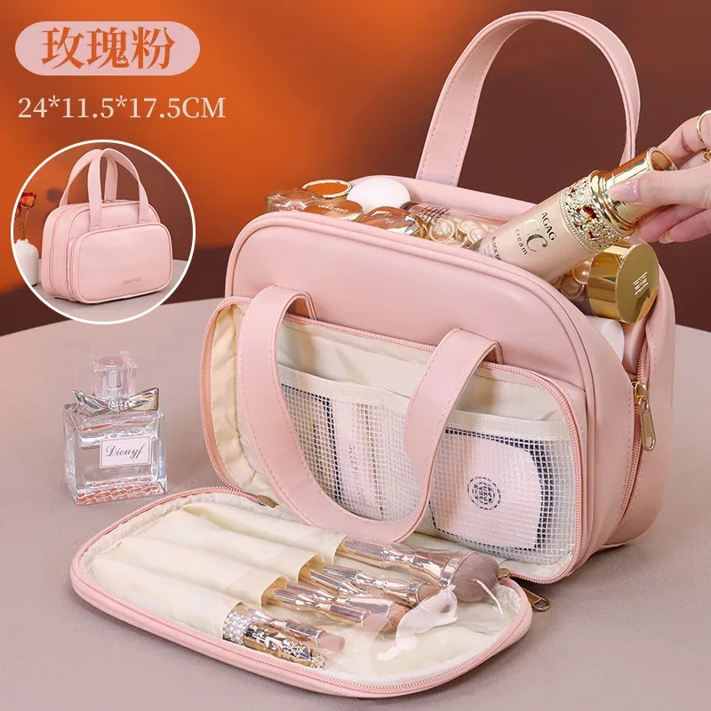 sac de rangement de cosmétiques à deux étages, espace de rangement surdimensionné avec poignées et plusieurs poches, trousse de toilette en matériau pu