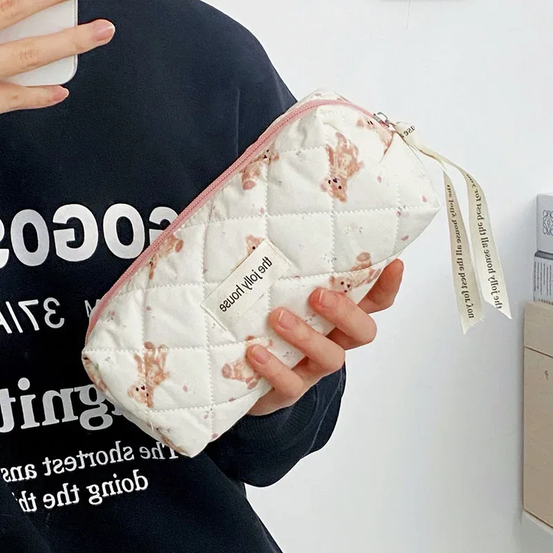 sac de maquillage ours de dessin animé pour femmes, grande capacité, mignon organisateur de voyage, pochette matelassée, sac à main de rangement de toilette pour dames