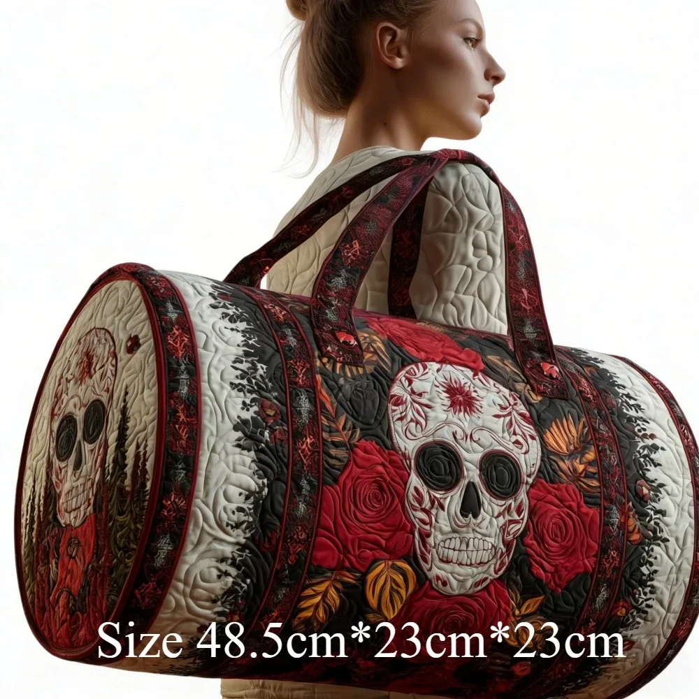 sac de voyage matelassé 3d vintage gothique imprimé crâne et rose, sac de week-end, bagage cabine, sac à main y2k style motard chic, sacs de vacances uniques