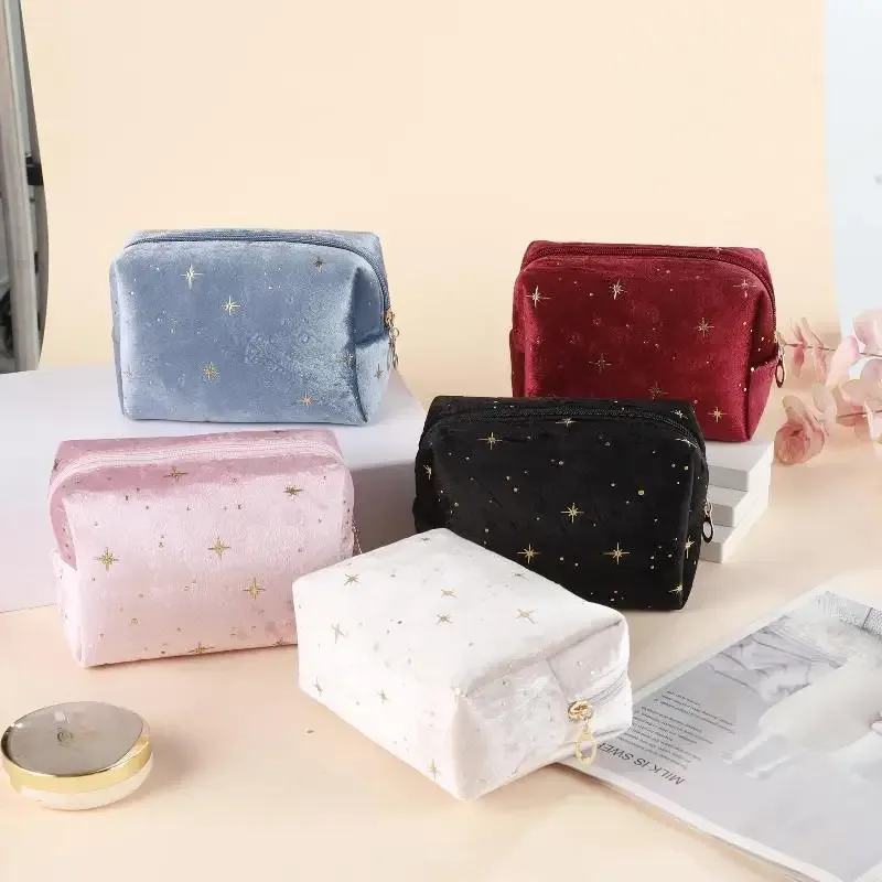 Pochette à cosmétiques spacieuse en velours, sac de toilette de voyage avec motif étoile, trousse de maquillage portable pour rouge à lèvres