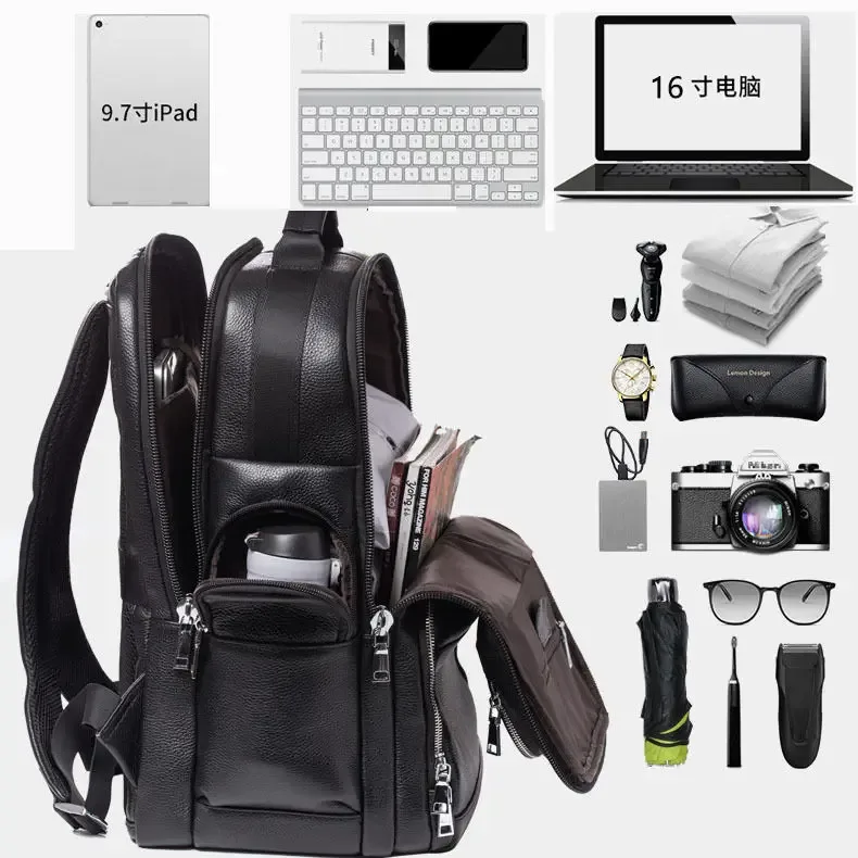 luufan-sac à dos de chargement usb pour homme, cuir de vache véritable, sac à dos étanche pour ordinateur portable 16 ", cartable noir, grand sac à dos de voyage pour homme