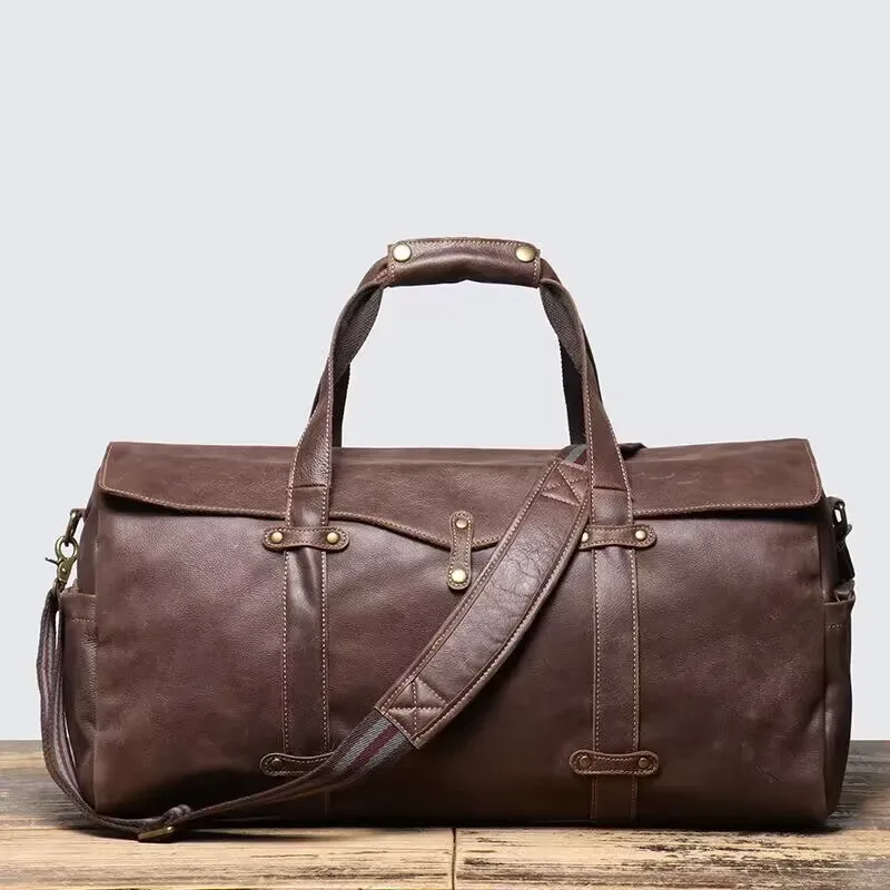 sac de voyage à main en cuir givré pour hommes, pour l'extérieur, courte distance, couche supérieure rétro en cuir de vache, sac à bandoulière pliable de grande capacité