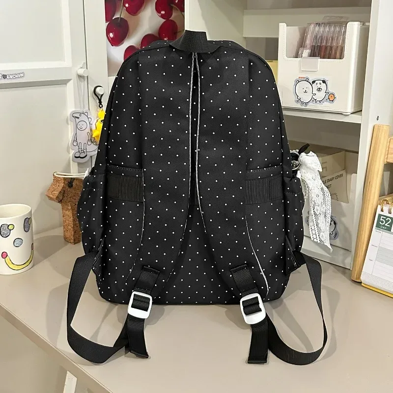sac à dos en nylon style preppy avec dentelle à pois, sac de voyage léger et décontracté pour étudiante, idéal pour les trajets quotidiens