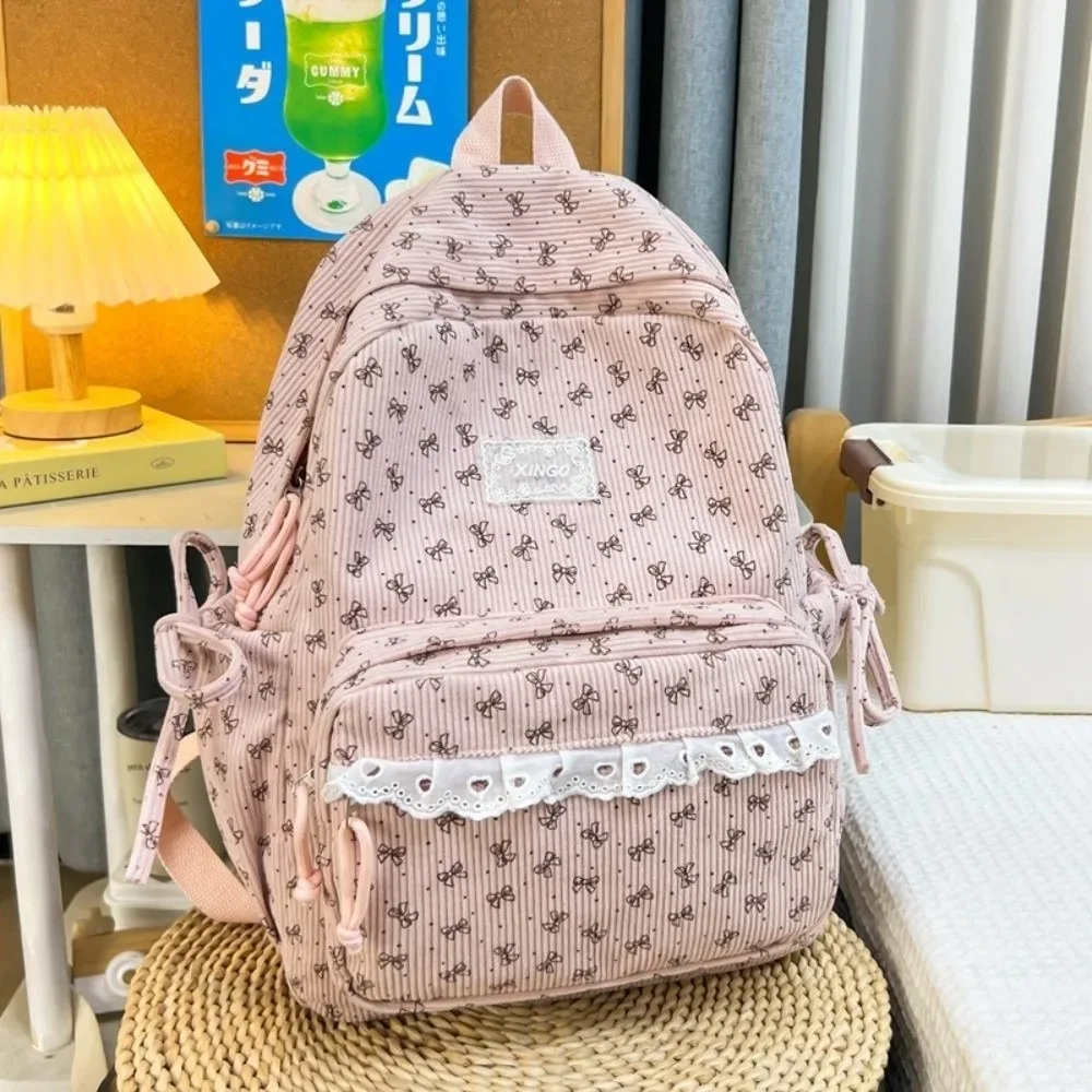sac à dos en velours côtelé de style coréen, style preppy, grande capacité, sac à dos pour étudiants, bordure en dentelle, nœud papillon, motif à pois
