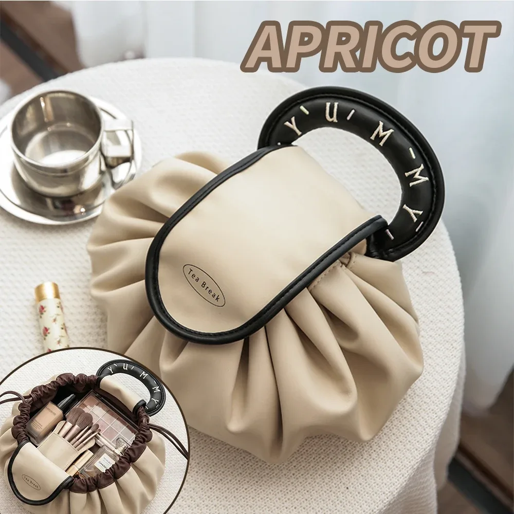 nouvelle trousse à cosmétiques avec cordon de serrage, pochette de maquillage portable avec poignée, organiseur de maquillage en pu grande capacité pour femmes