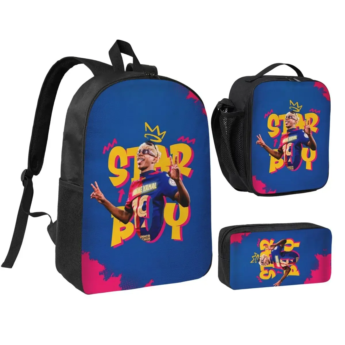 3pecs/ensemble lamine y-yamal football sac à dos pour étudiant haute capacité sac à bandoulière sac à déjeuner trousse à crayons