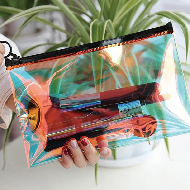 sac à cosmétiques transparent laser pour femmes, joli sac de maquillage, pochette étanche pour voyage, lavage, trousse de beauté, organisateur