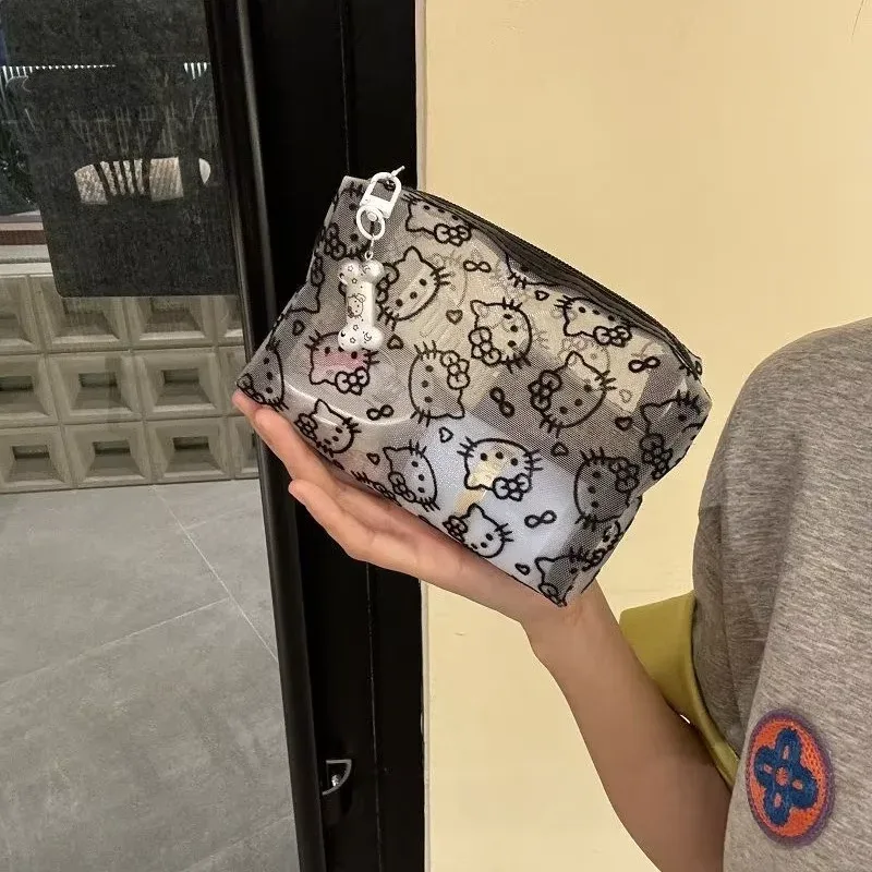 pochette de maquillage noire en maille, mignonne et portable, grande capacité, organiseur de toilette de voyage