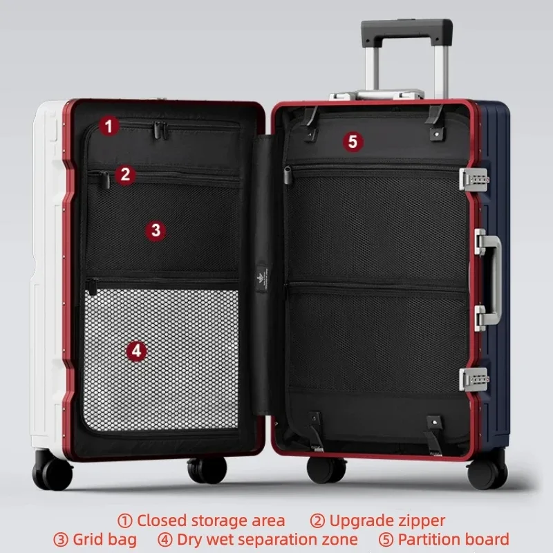 valise à ouverture frontale en pc avec cadre en aluminium, serrure tsa, porte-gobelet et port de charge 20/24/26 pouces