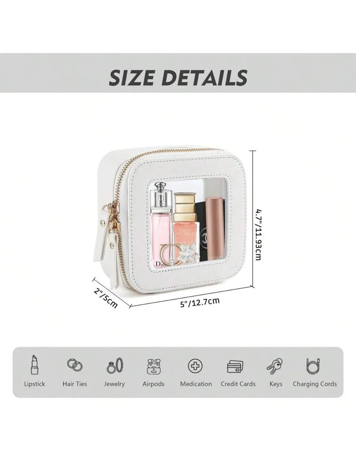 mini trousse de maquillage transparente en similicuir vegan saffiano avec fenêtre visible, petite et mignonne, pour ranger rouges à lèvres et cosmétiques, idéale pour sac à main ou pochette.