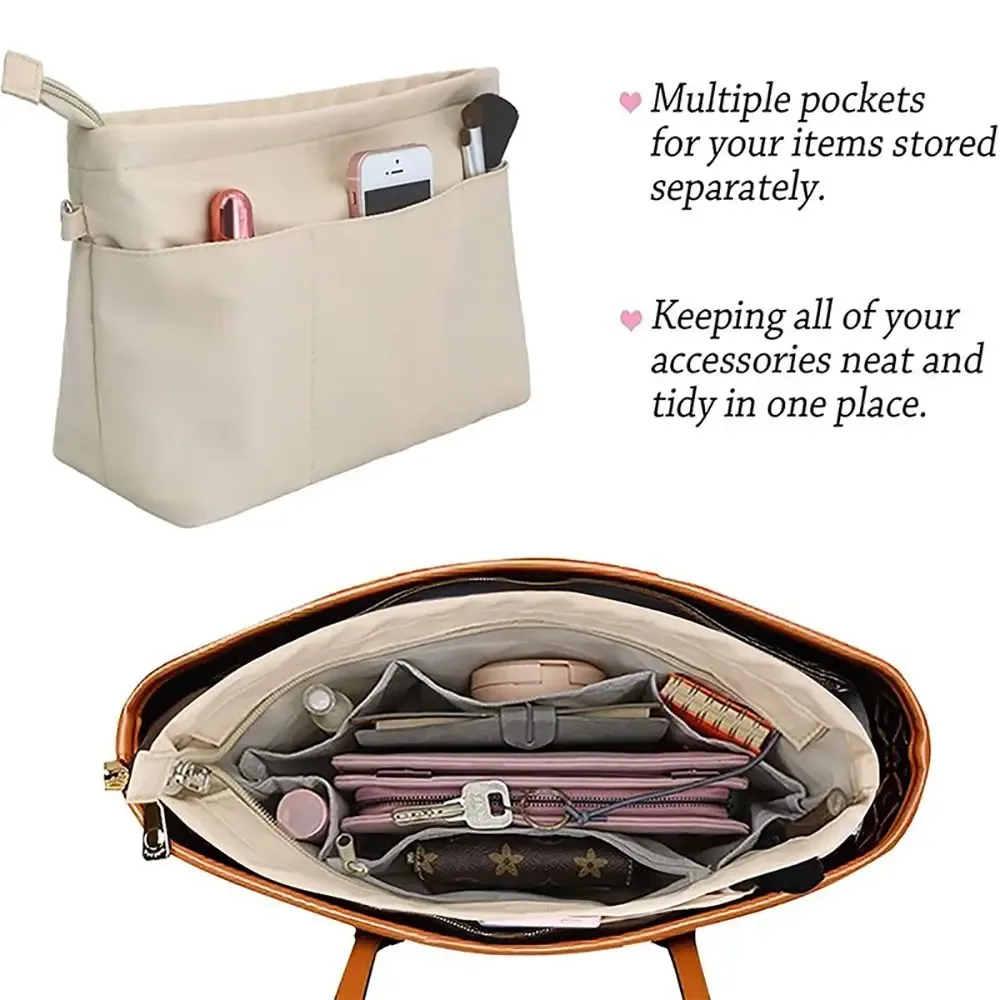 1 pièce nouvelle pochette de rangement en feutre pour sac cosmétique, avec fermeture éclair, sac intérieur portable multi-poches, organisateur de sac à main pour femme