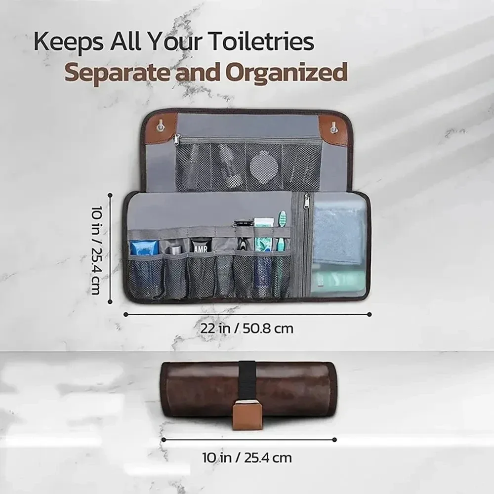 trousse de toilette suspendue pour homme en cuir pu résistant à l'eau, trousse d'hygiène personnelle universelle, trousse de toilette enroulable, essentiels de voyage