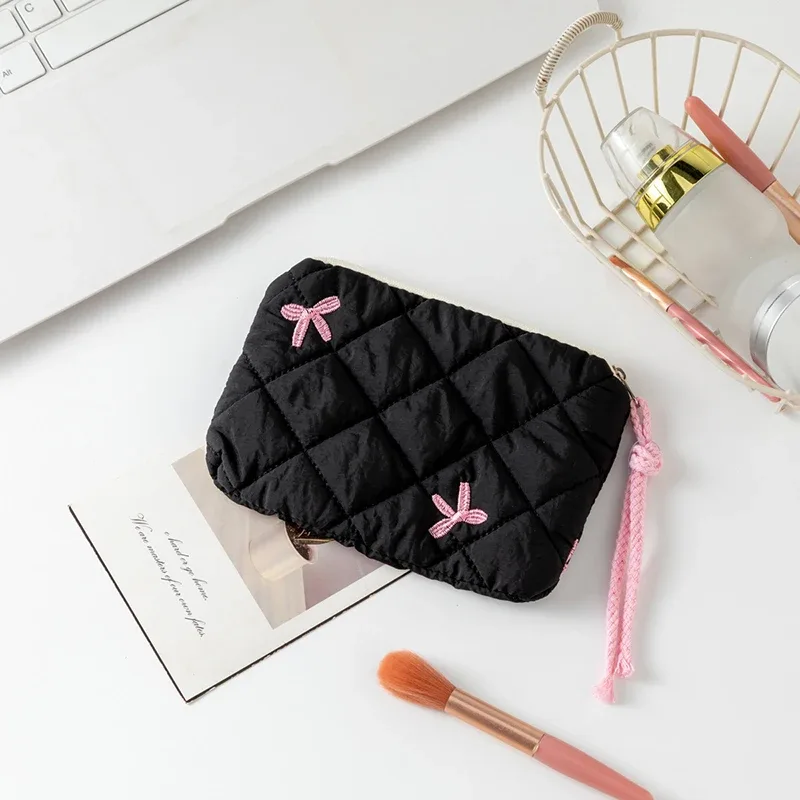 sac à cosmétiques avec nœud mignon, sac à cosmétiques à fermeture éclair pour femmes, petit étui de rangement pour rouge à lèvres, trousse de maquillage, sacs pour cartes de voyage pour dames